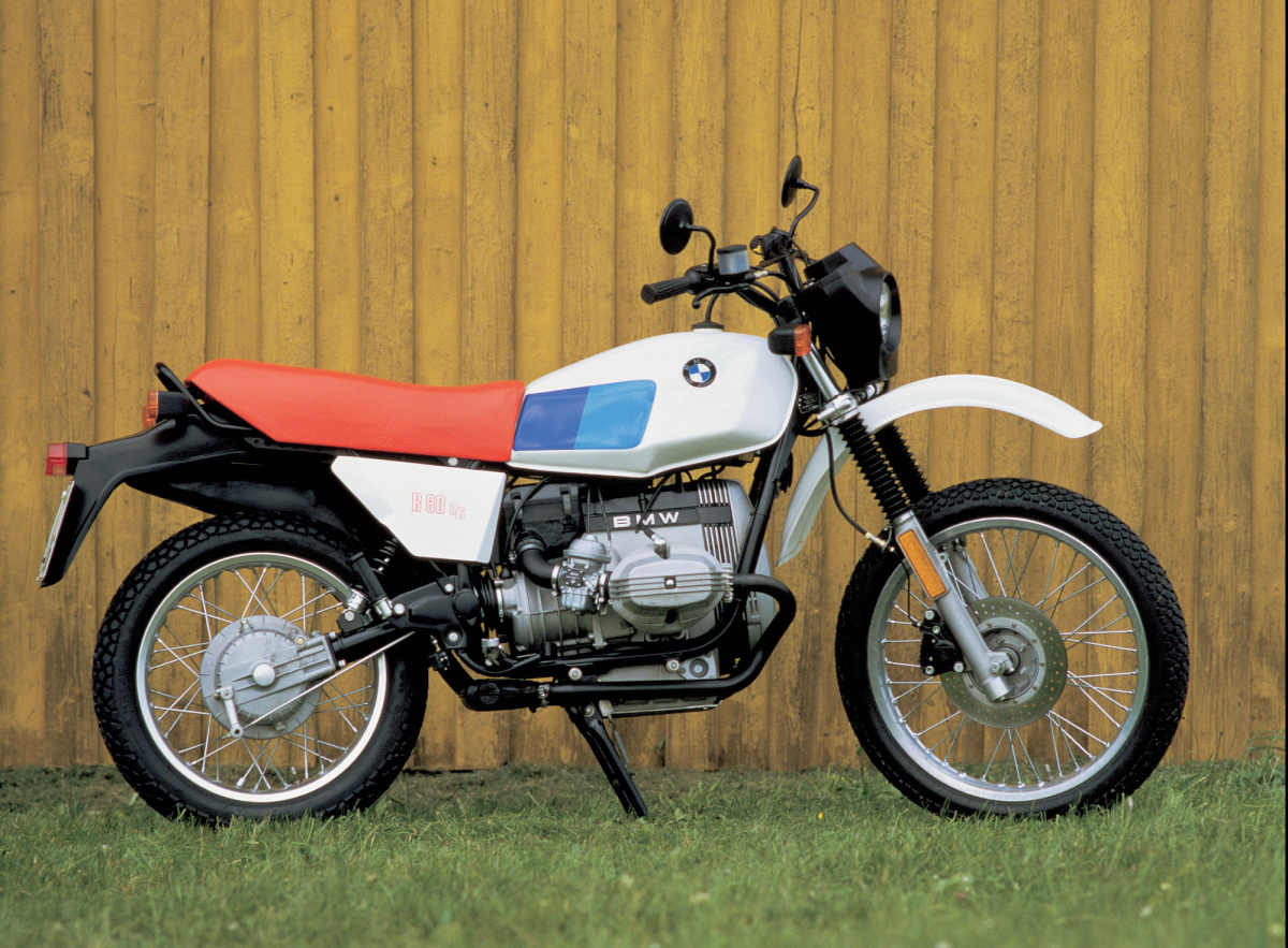 1980 BMW R 80 G/S motorcycle in white with a red saddle