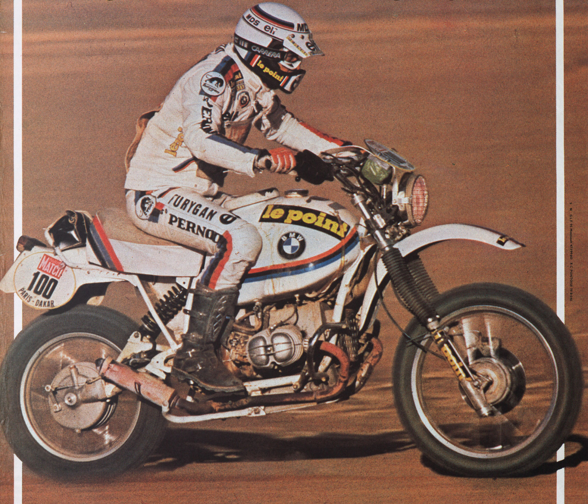 Hubert Auriol racing the Paris-Dakar rally on a 1981 BMW R 80 G/S. Photo courtesy BMW Motorrad.