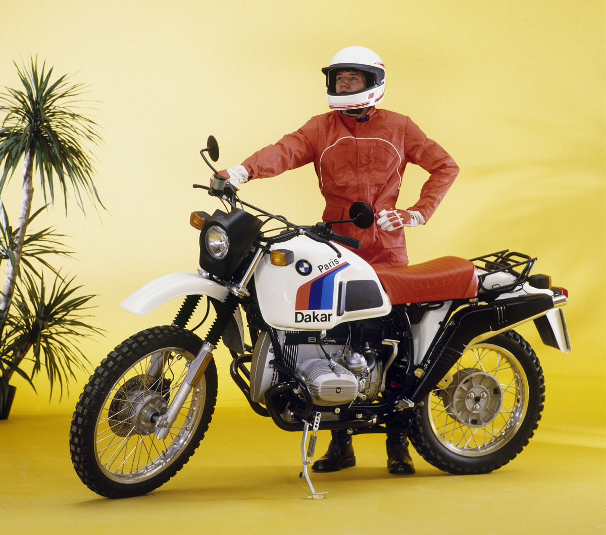 1984 BMW R 80 G/S paris dakar edition on a yellow backdrop